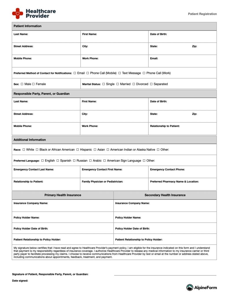 Image of a generic patient registration paper form.